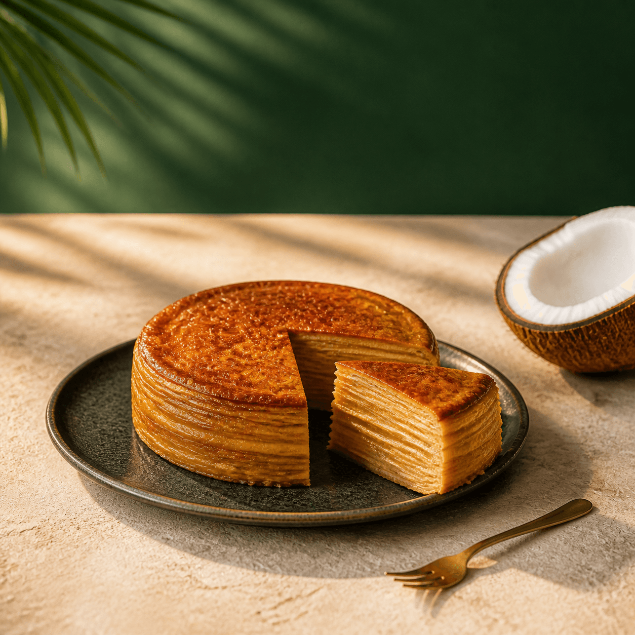 Layered Goan-style bebinca cake on a ceramic plate with a coconut