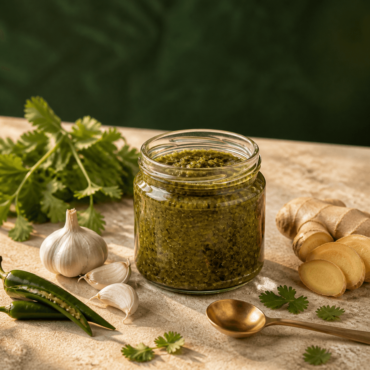 Unlabelled jar of green cafreal-style masala with coriander, chilli, ginger and garlic