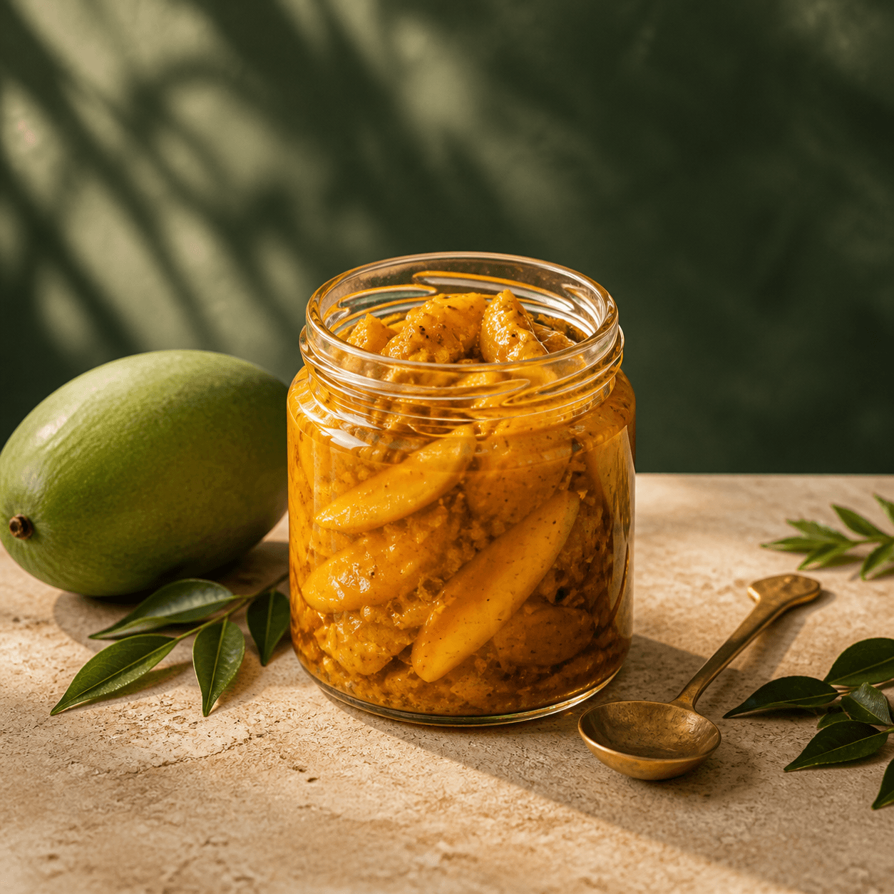 Unlabelled jar of golden mango pickle with raw mango and curry leaves